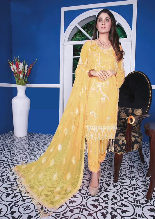 HIG QUALITY CHIFFON EMBROIDERED , CHIFFON DUPATTA AND RAW SILK TROUSER - CHOICE OF 4 COLOURS